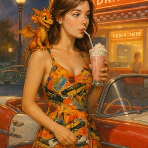 NEW Soda Blu Orange Novelty Print Vintage Y2K Dress Medium